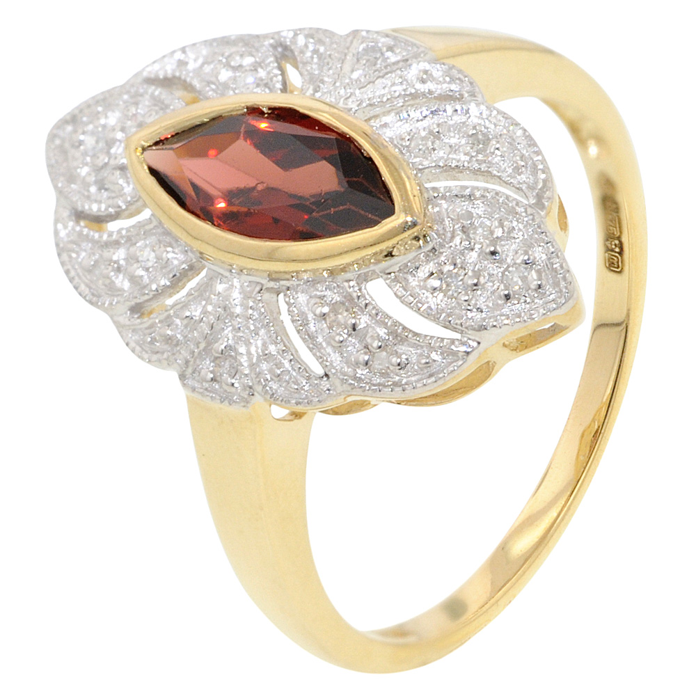 9ct Gold Garnet & Diamond Flower Cluster Ring - Jewellery World Online