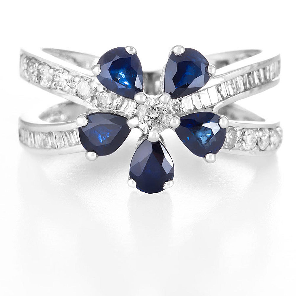 9ct White Gold Diamond & Sapphire Flower Dress Ring - Jewellery World Online