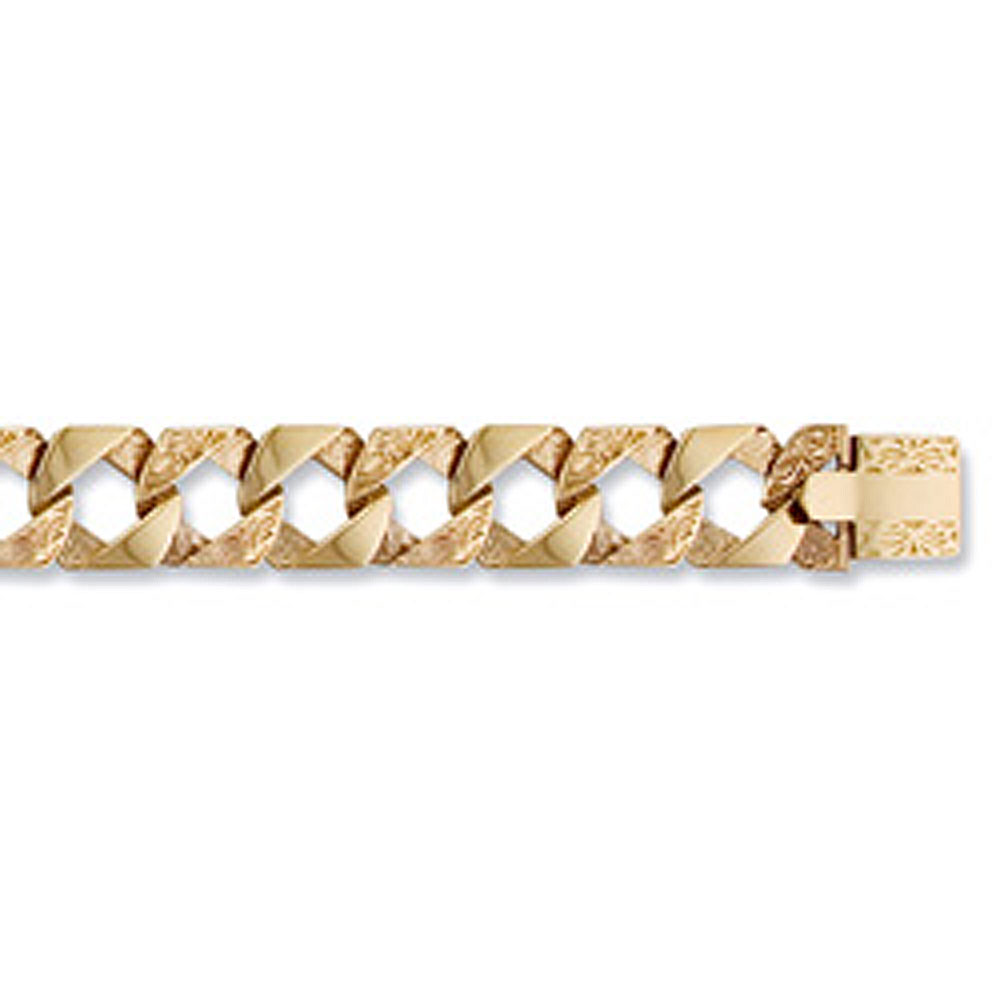 9ct Yellow Gold 15mm Fancy Square Curb Gents Bracelet - Jewellery World Online