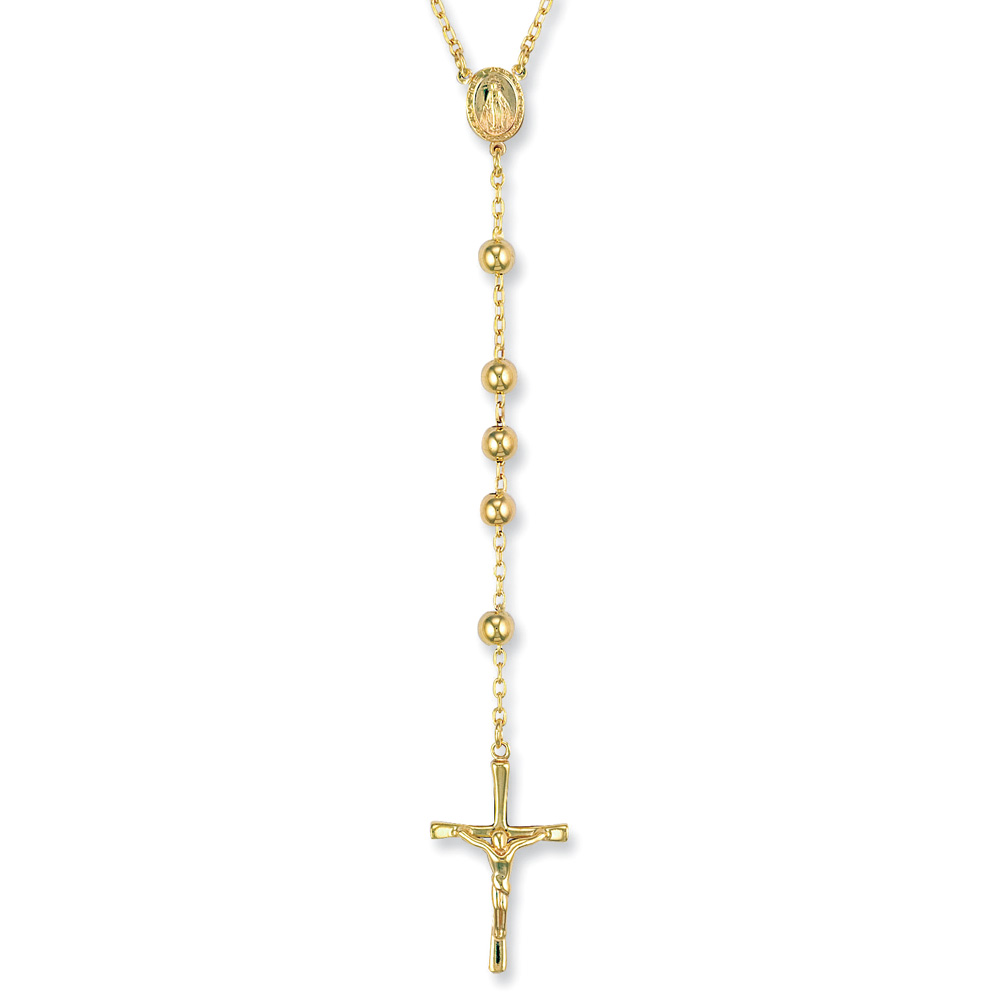 9ct Yellow Gold 5mm Rosary Bead and Crucifix Chain - Jewellery World Online