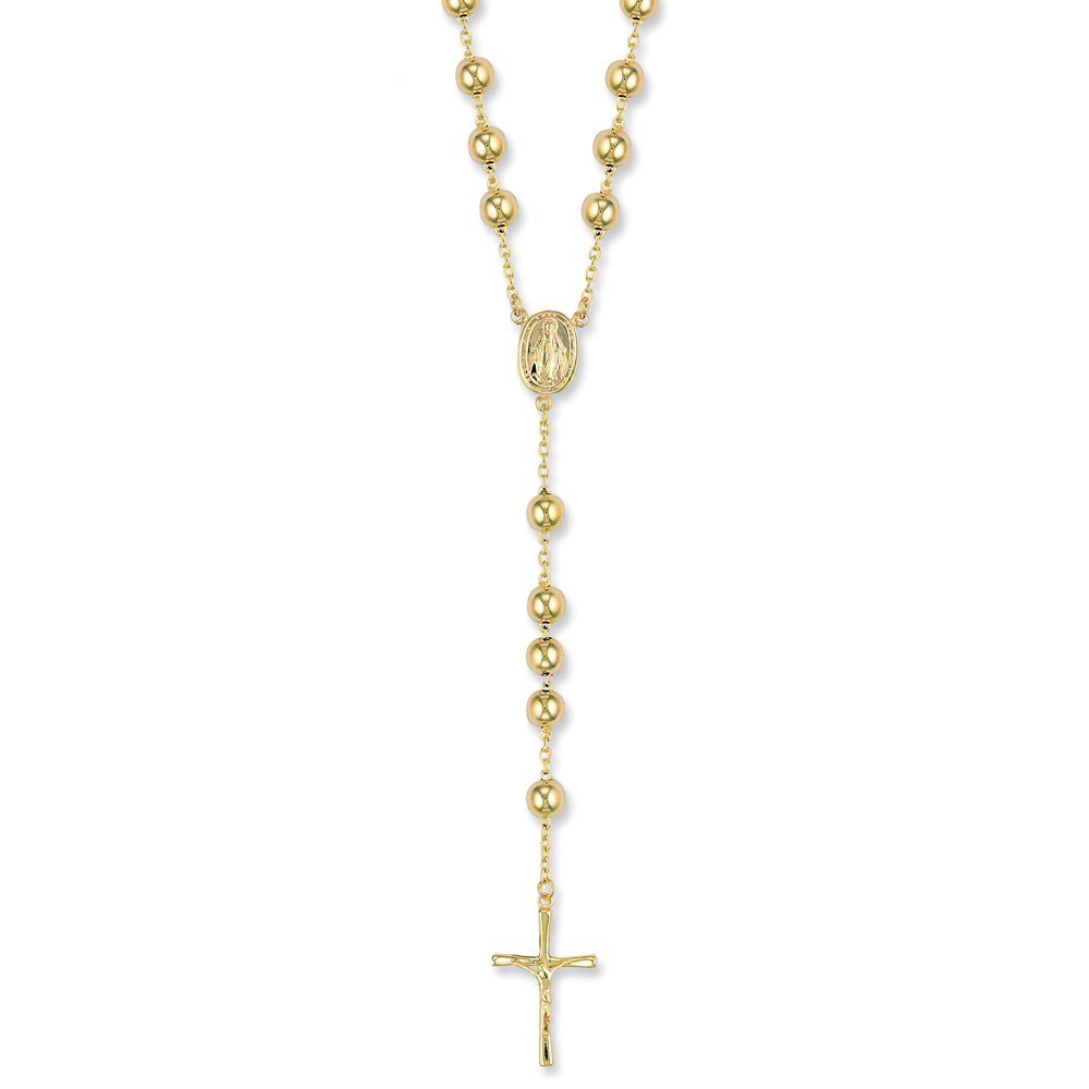 9ct Yellow Gold 7mm Rosary Bead and Crucifix Chain - Jewellery World Online