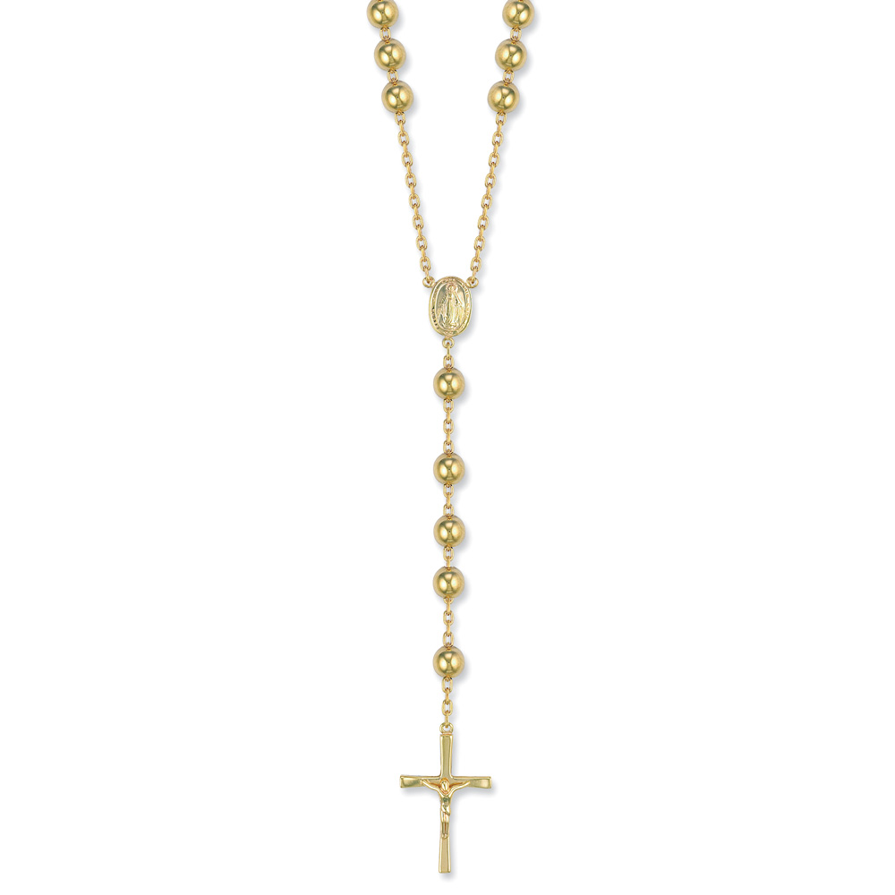 9ct Yellow Gold 8mm Rosary Bead and Crucifix Chain - Jewellery World Online