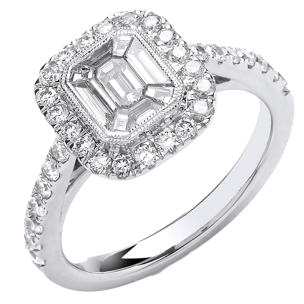 18ct White Gold 1.00ct Emerald Cut Style Halo Style Ring - Jewellery World Online
