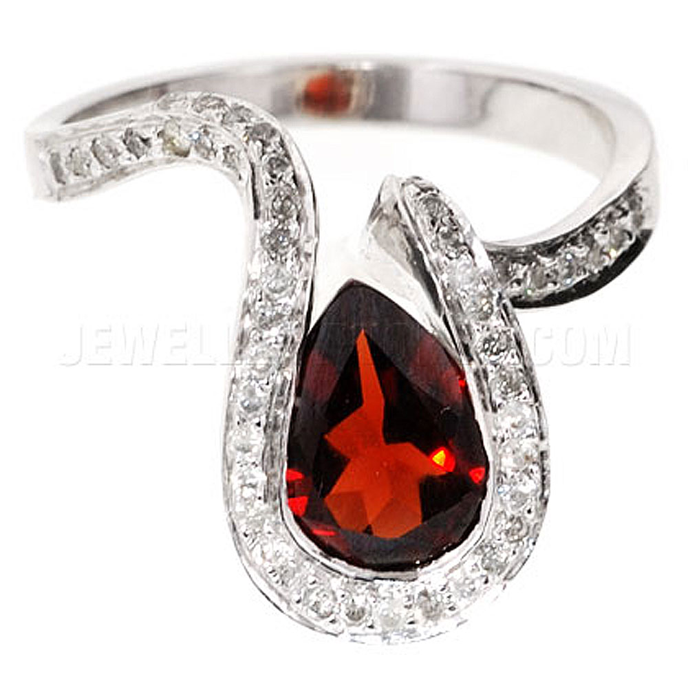 Garnet & Diamond 9ct White Gold Surrounded Pear Shaped Ring - Jewellery World Online