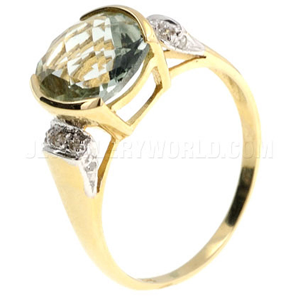 Green Amethyst & Diamond 9ct Gold Cushion Part Rubover Ring - Jewellery World Online