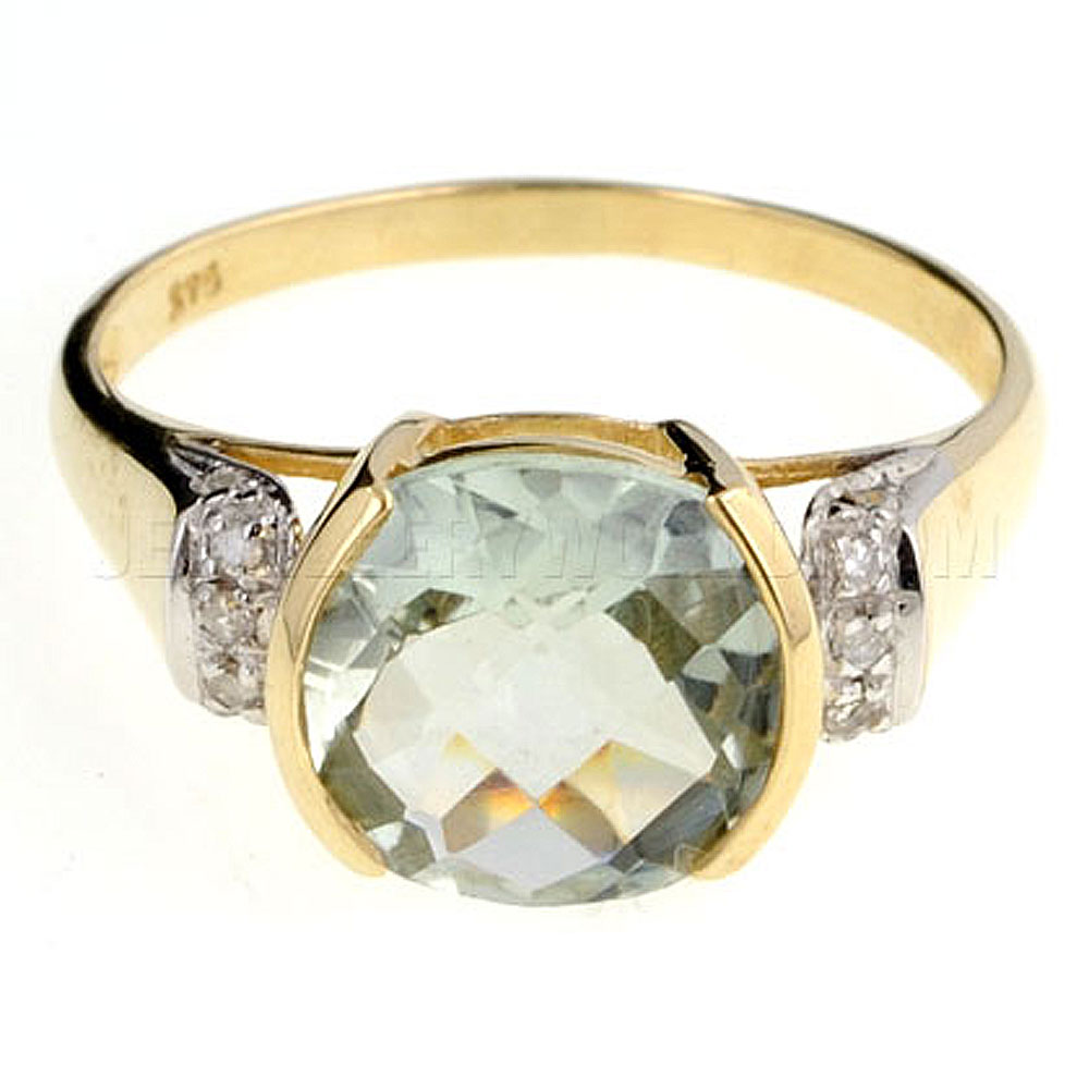 Green Amethyst & Diamond 9ct Gold Cushion Part Rubover Ring - Jewellery World Online