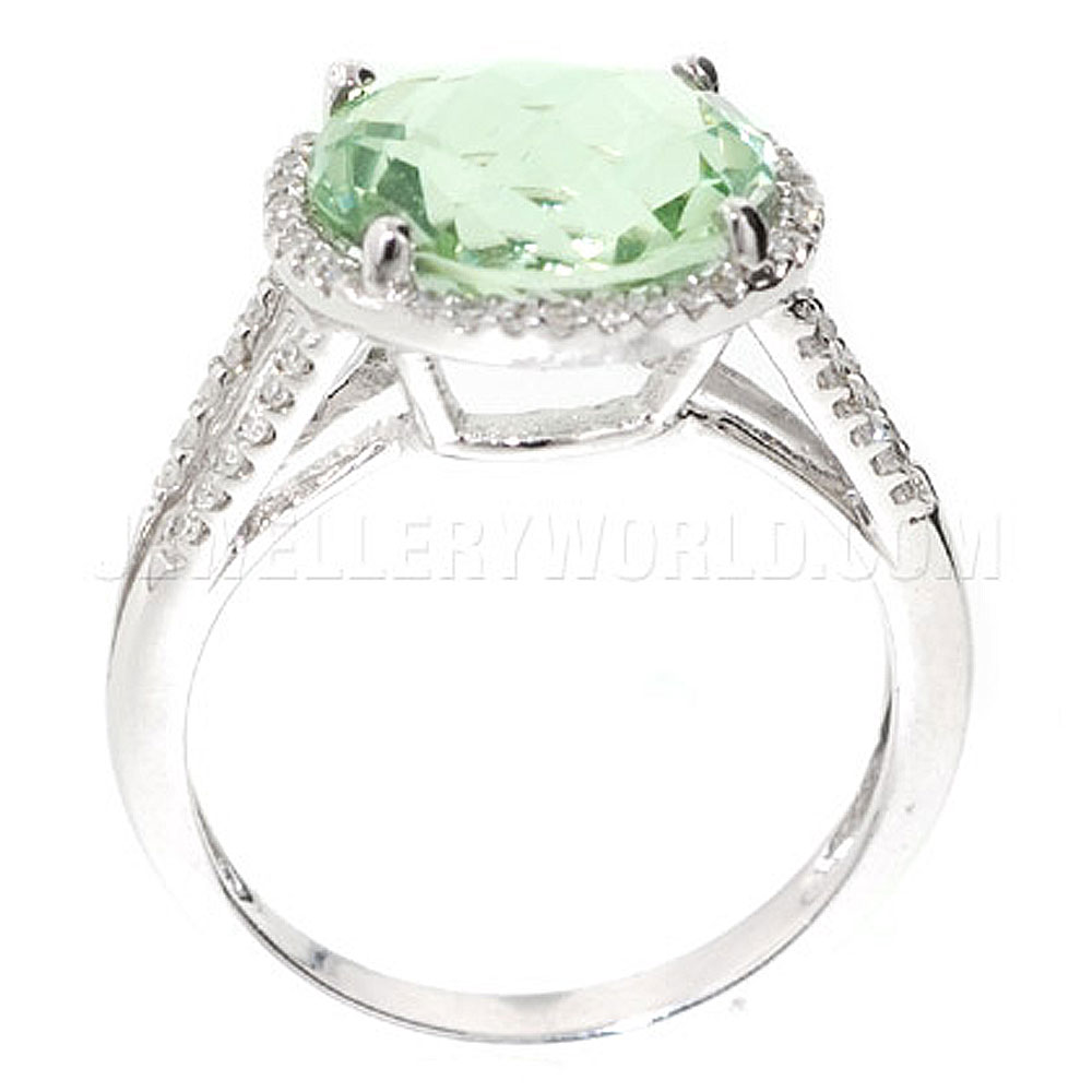 Green Amethyst & Diamond 9ct White Gold Round Checkerboard Ring - Jewellery World Online