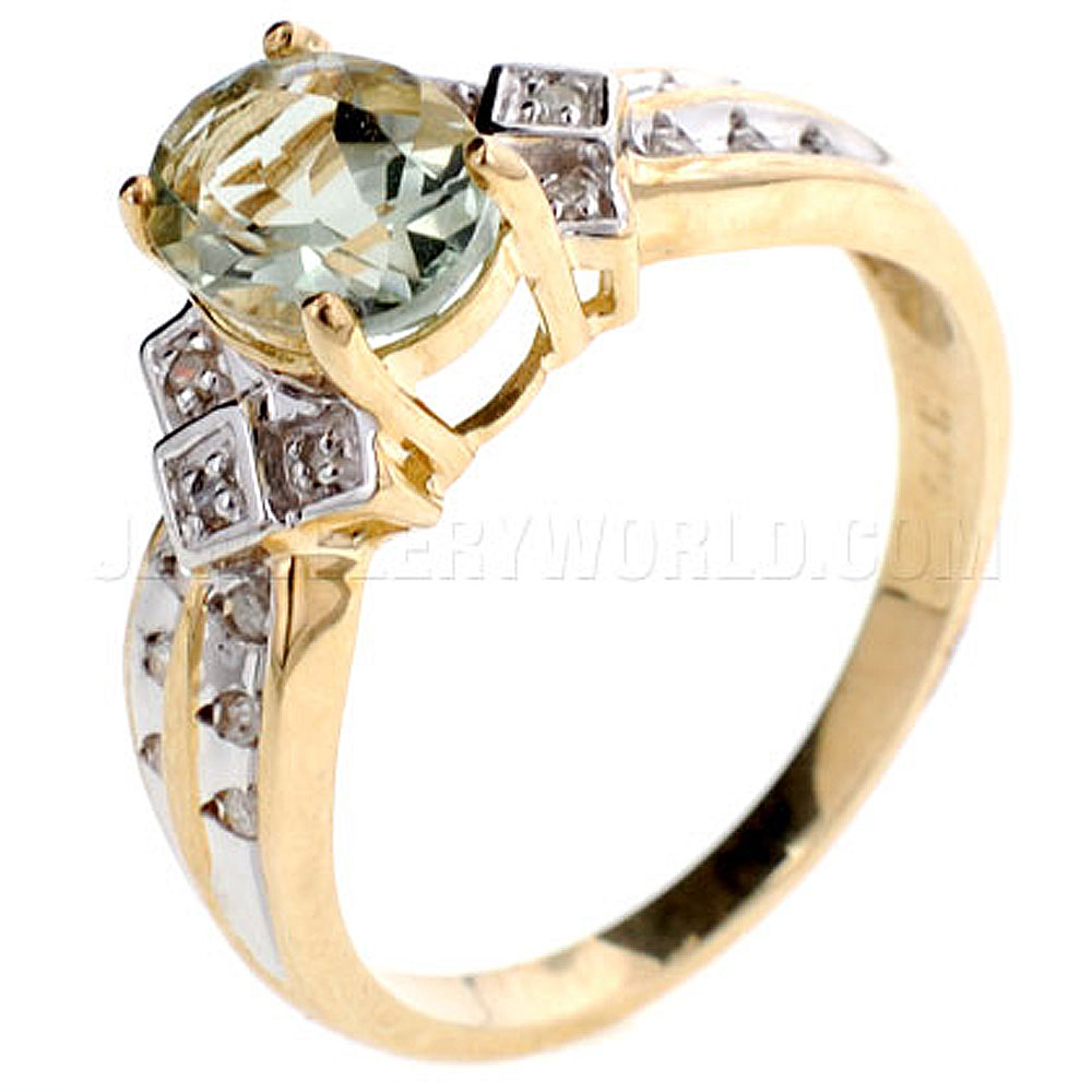 Green Amethyst & Diamond Shoulders 9ct Gold Oval Ring - Jewellery World Online