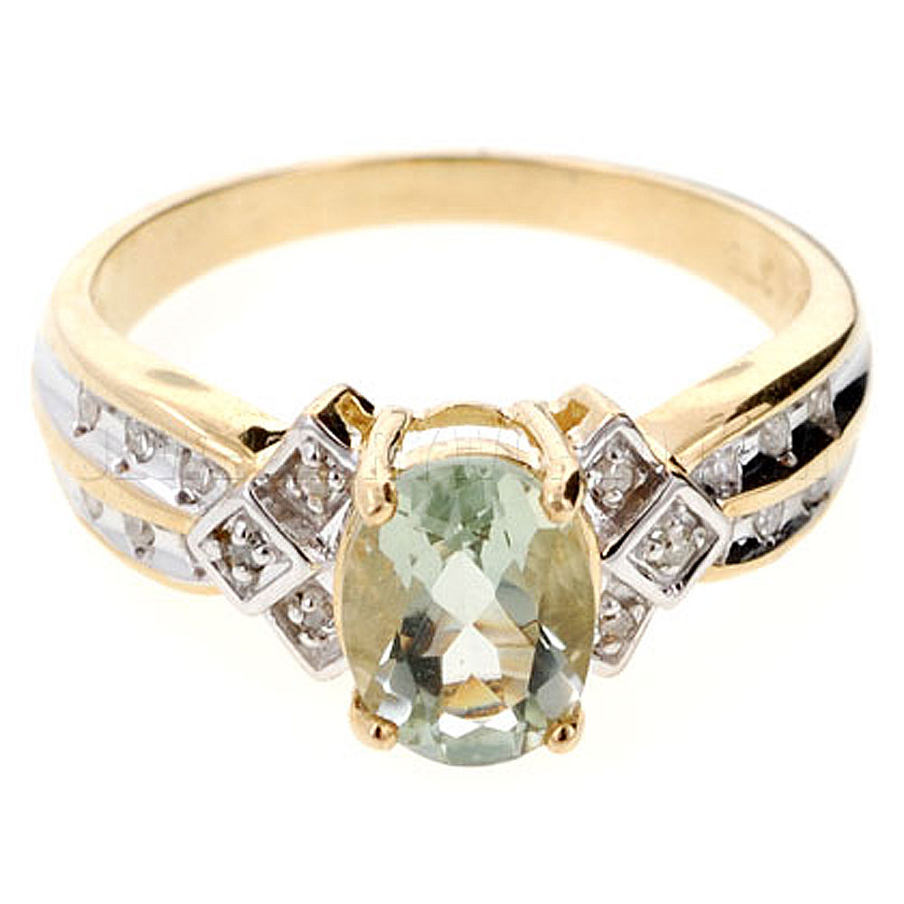 Green Amethyst & Diamond Shoulders 9ct Gold Oval Ring - Jewellery World Online