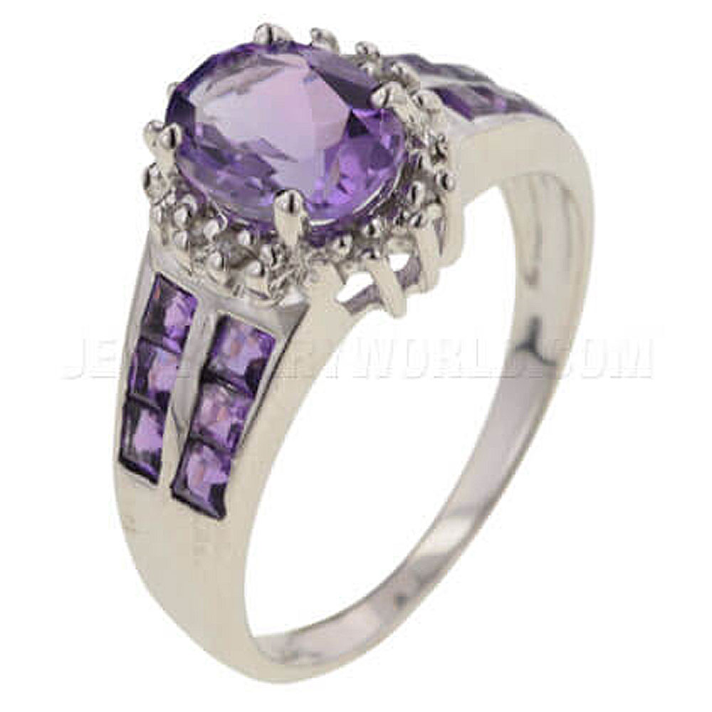 Amethyst 9ct White Gold Oval Shoulder Ring - Jewellery World Online
