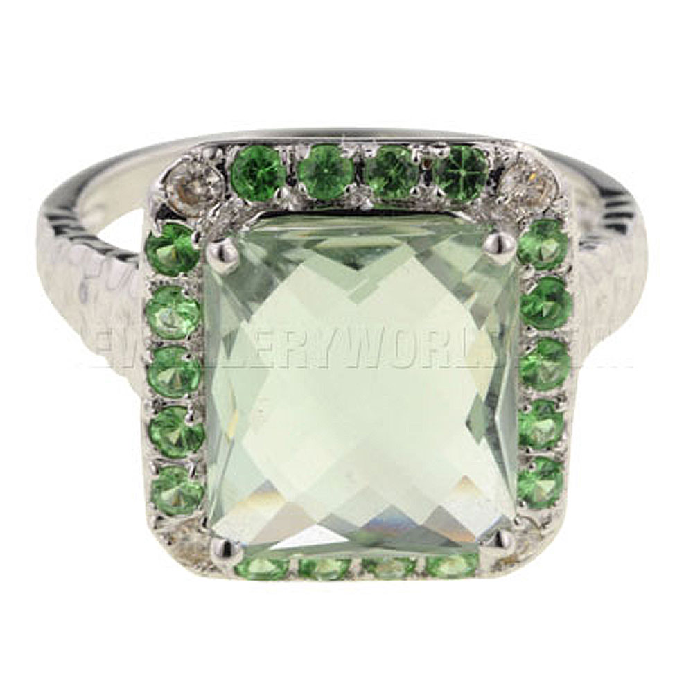 Green Amethyst, Tsavorite & Diamond 9ct White Gold Cocktail Ring - Jewellery World Online