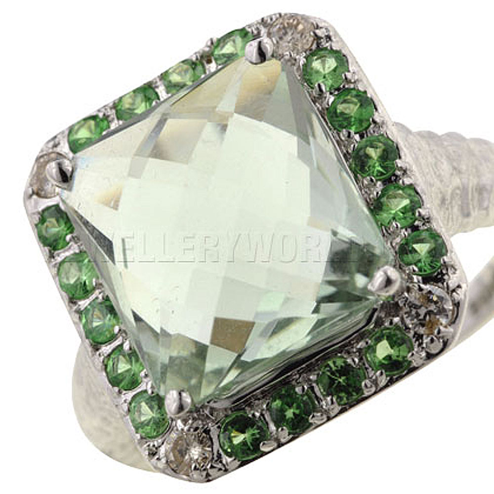 Green Amethyst, Tsavorite & Diamond 9ct White Gold Cocktail Ring - Jewellery World Online
