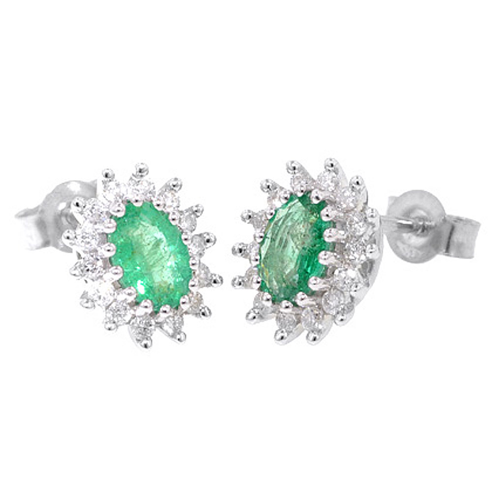 White Gold Diamond Emerald Cluster Stud Earrings - Jewellery World Online