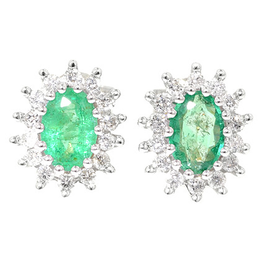 White Gold Diamond Emerald Cluster Stud Earrings - Jewellery World Online