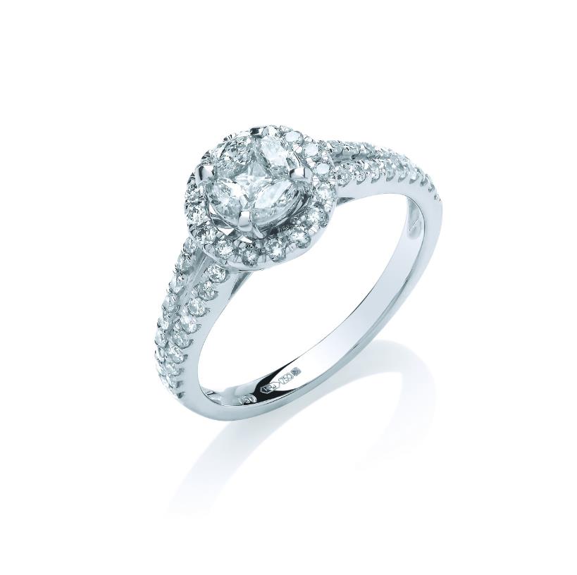 18ct White Gold 0.66ct Halo Style Split Shank GVS Diamond Ring - Jewellery World Online