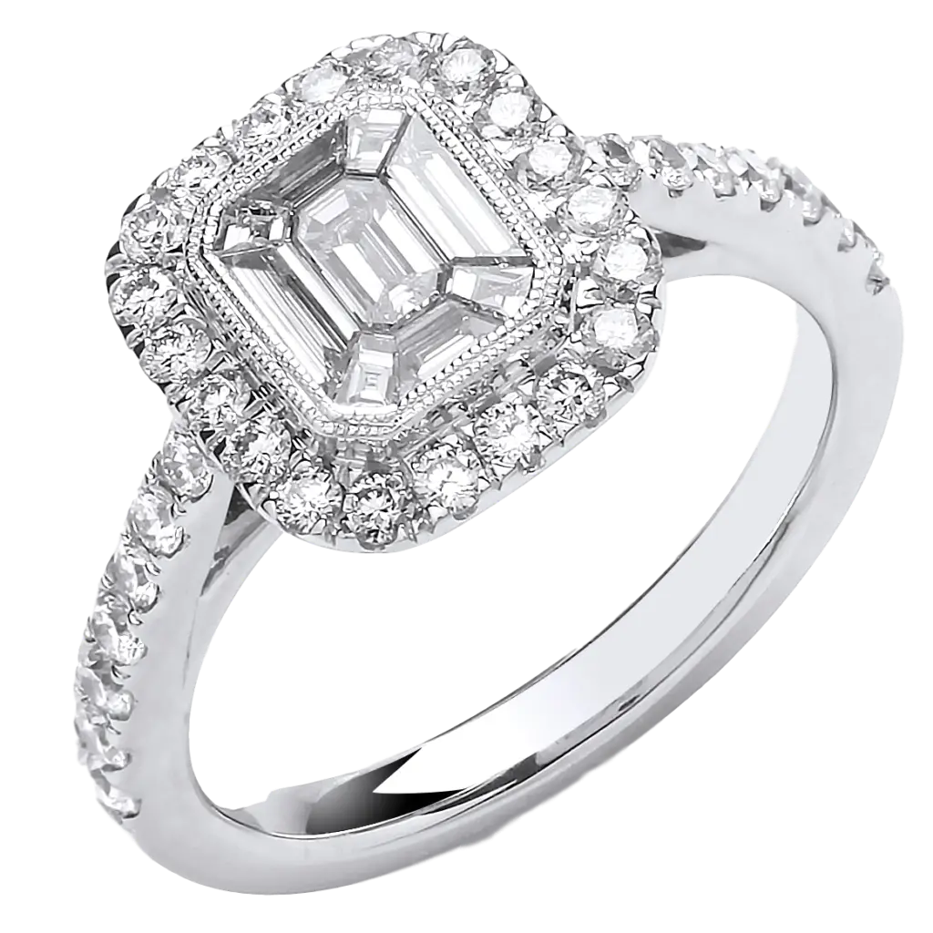 18ct White Gold 1.00ct Emerald Cut Style Halo Style Ring - Jewellery World Online